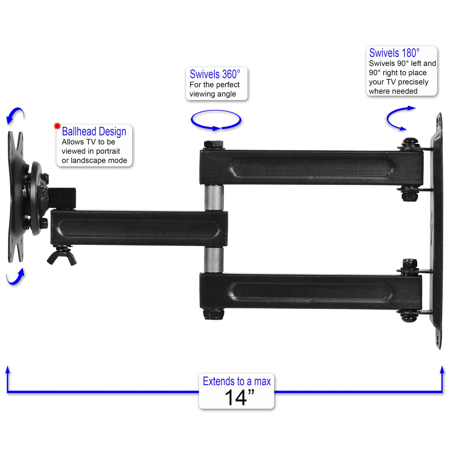 Cheetah ALAMEB Full Motion TV/Monitor Arm Wall Mount, fits 22-49" Monitors, 24-55" TVs, & Echo Show 15-21", up to 40lbs, VESA 200, with 1.3" Profile, 15" Extension, Articulating, Tilt and Swivel