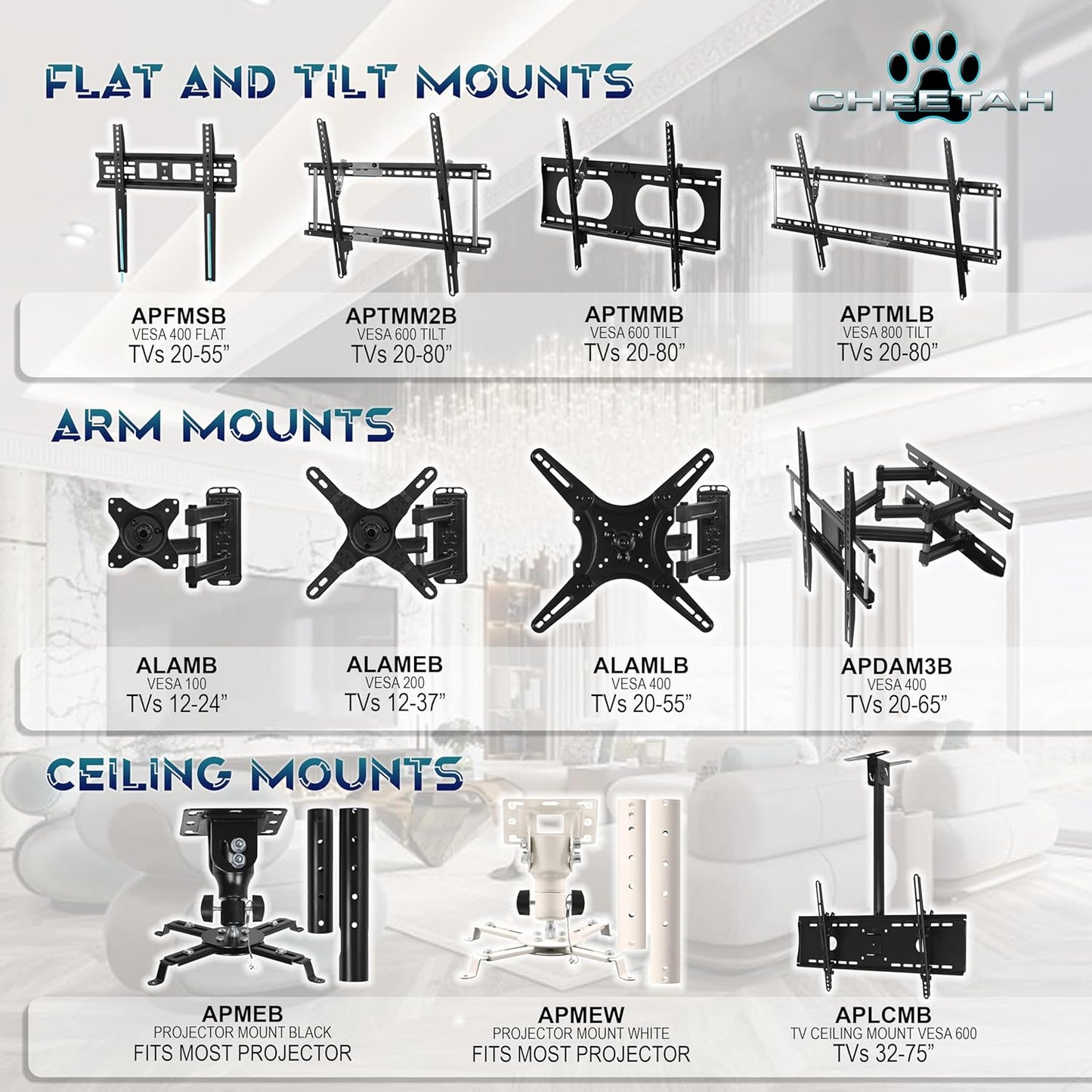 Cheetah ALAMLB Articulating Arm Wall Mount fits 20-55" TVs, Many Newer 65", Some up to 75", 66lbs and VESA 400, Single Stud Install, Full Motion Tilt Swivel Rotation Extension Bracket Extends 20"