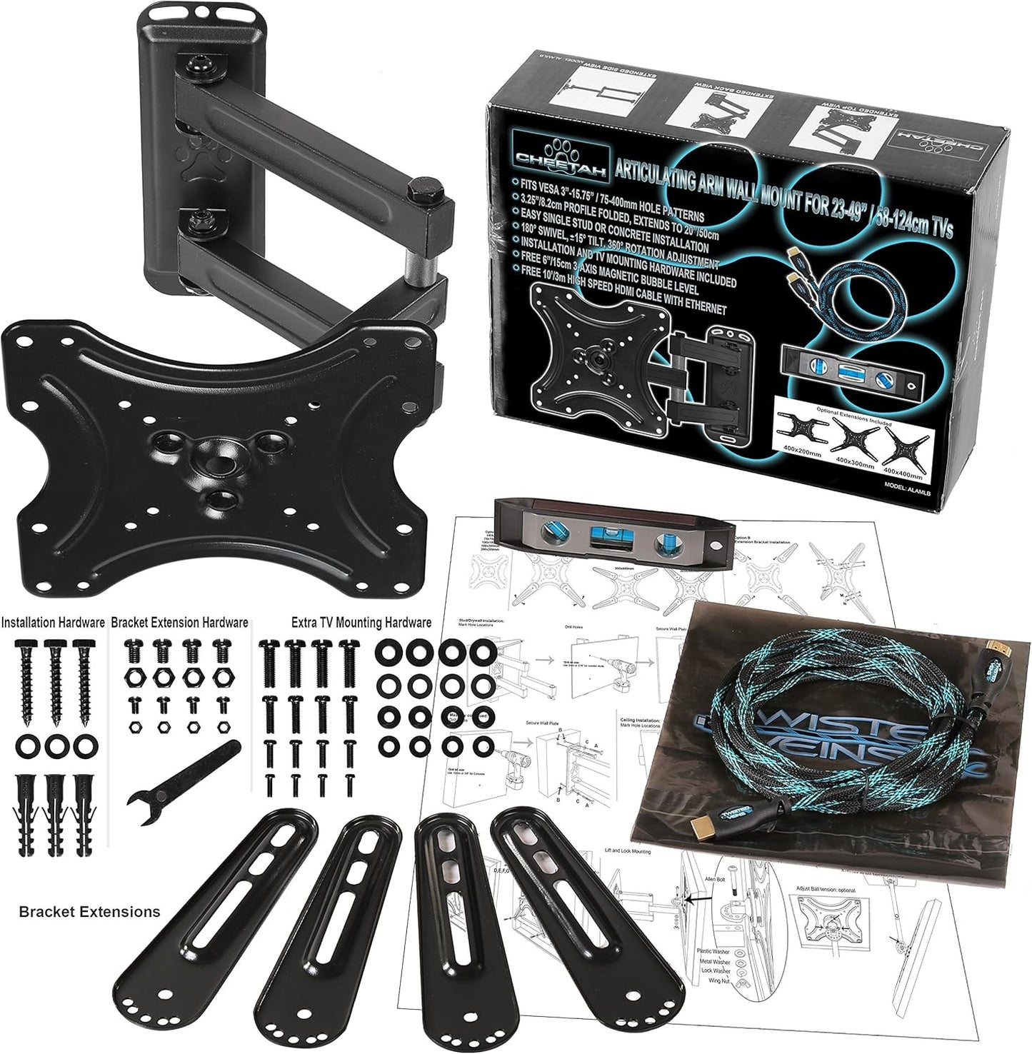 Cheetah ALAMLB Articulating Arm Wall Mount fits 20-55" TVs, Many Newer 65", Some up to 75", 66lbs and VESA 400, Single Stud Install, Full Motion Tilt Swivel Rotation Extension Bracket Extends 20"