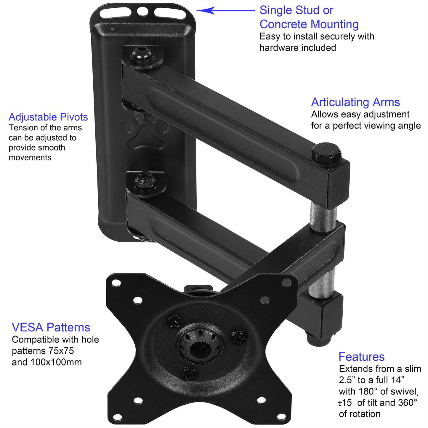 Cheetah Mounts ALAMB Articulating Arm (15” Extension) TV Wall Mount Bracket for 12-24” TVs and Displays