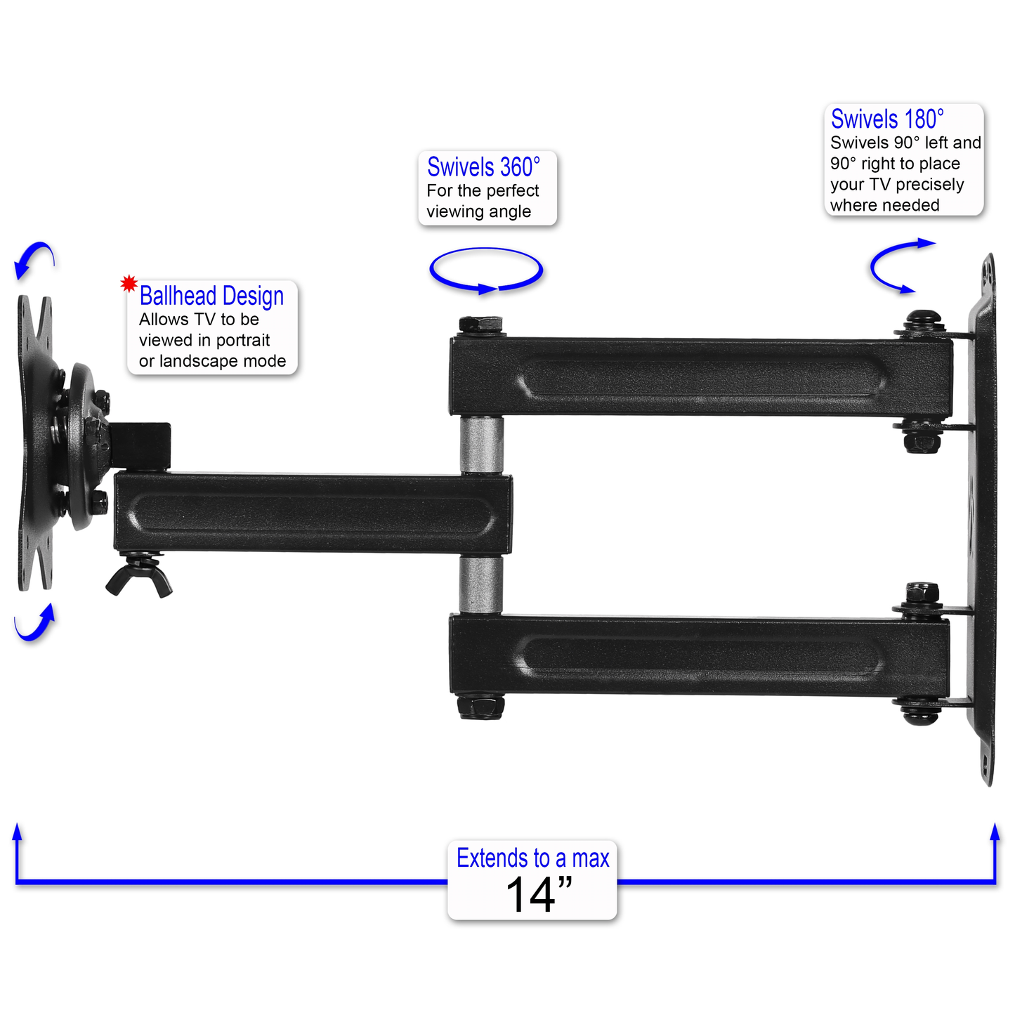 Cheetah Mounts ALAMB Articulating Arm (15” Extension) TV Wall Mount Bracket for 12-24” TVs and Displays