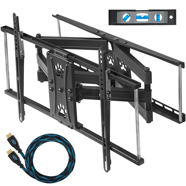 Cheetah Mounts APDAM2B Dual Articulating Arm (20” Extension) TV Wall Mount Bracket for 32-65” TVs (many up to 75” or more) up to VESA 600 and 165lbs, including a Twisted Veins 10’ HDMI Cable and a 6” 3-Axis Magnetic Bubble Level